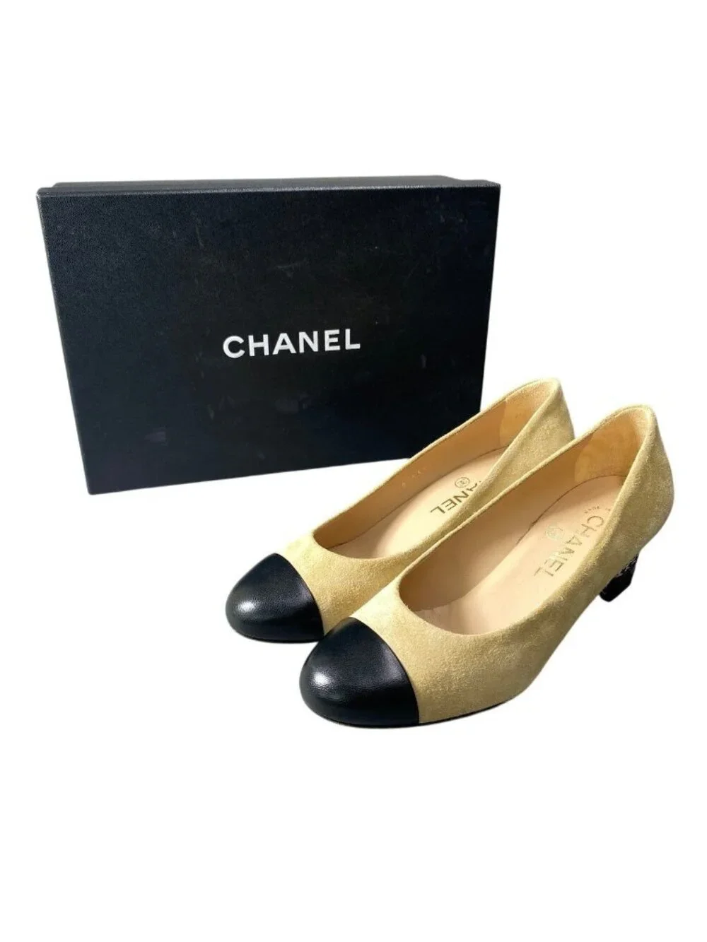 Chanel Quilted Chain Trim Pumps Beige Black Suede Heel